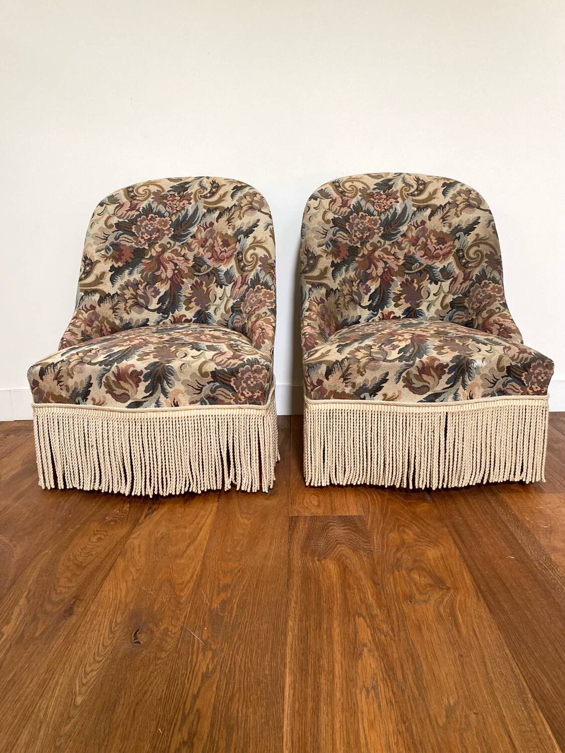 Pair of antique tapestry toad armchairs