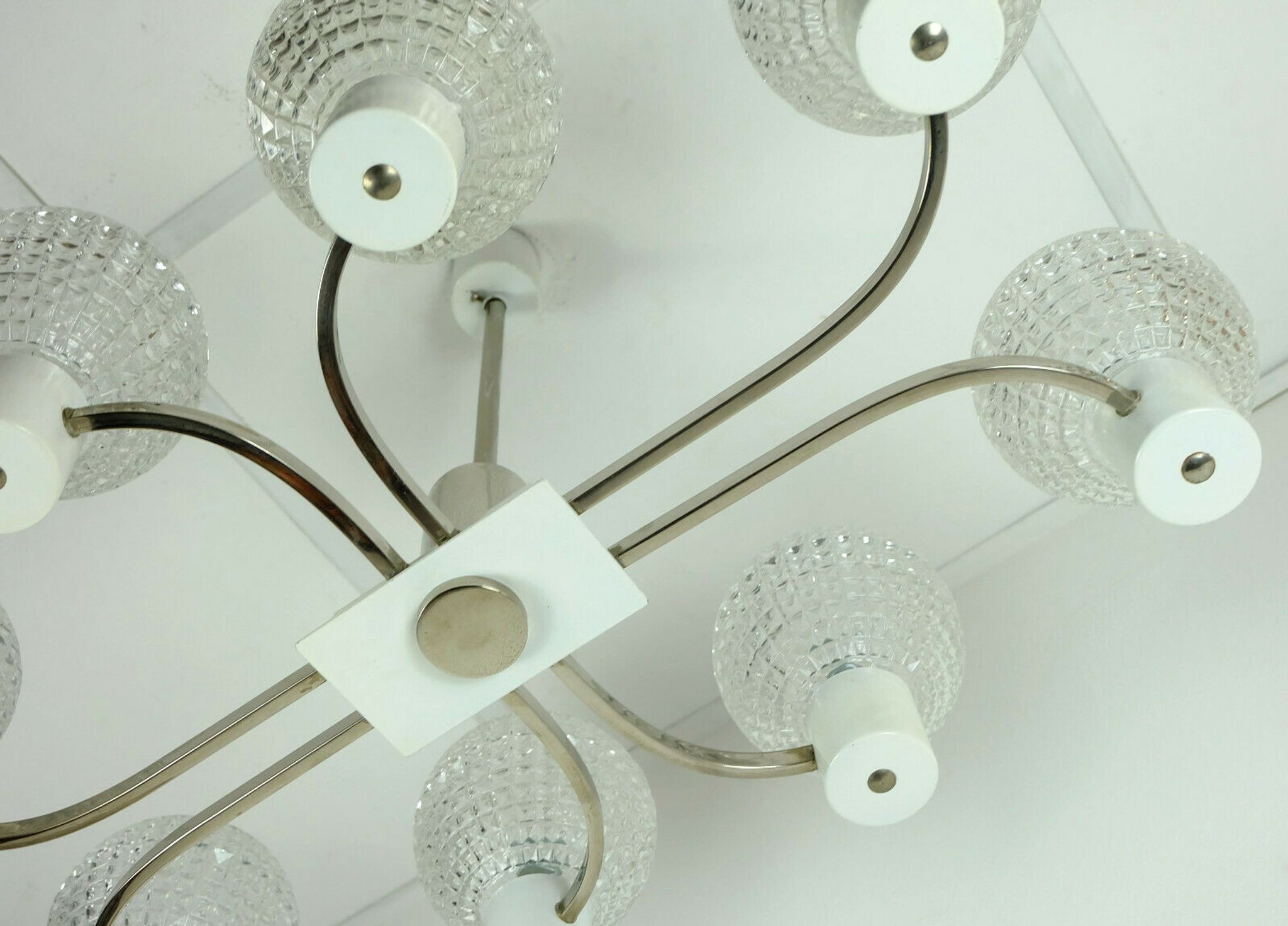 1960s mid century HANGING LAMP chrome metal chandelier with 8 glass shades