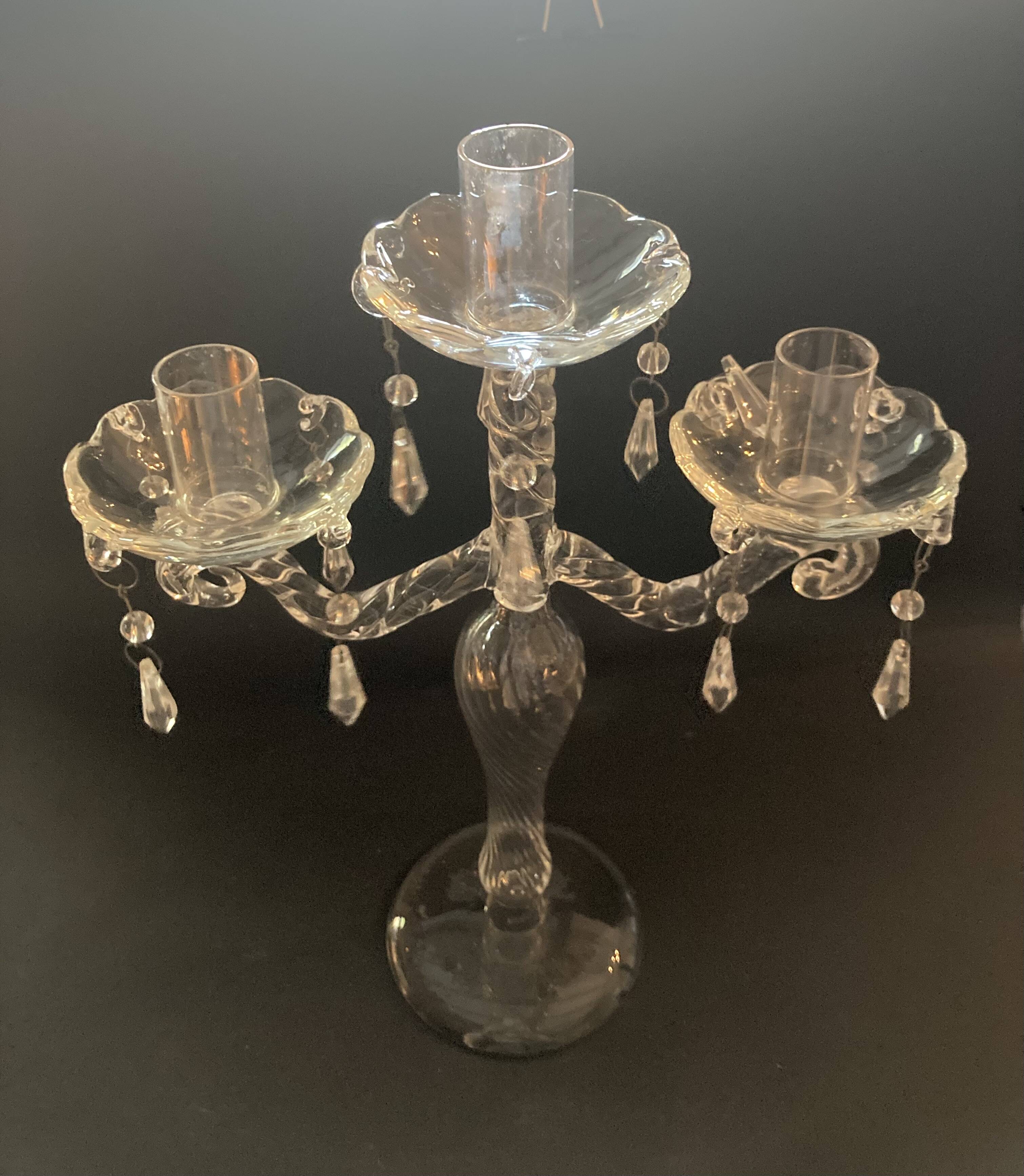 Antique twisted blown glass candle holder – 3 arms with tassels