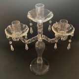 Bougeoir ancien en verre soufflé torsadé – 3 bras avec pampilles