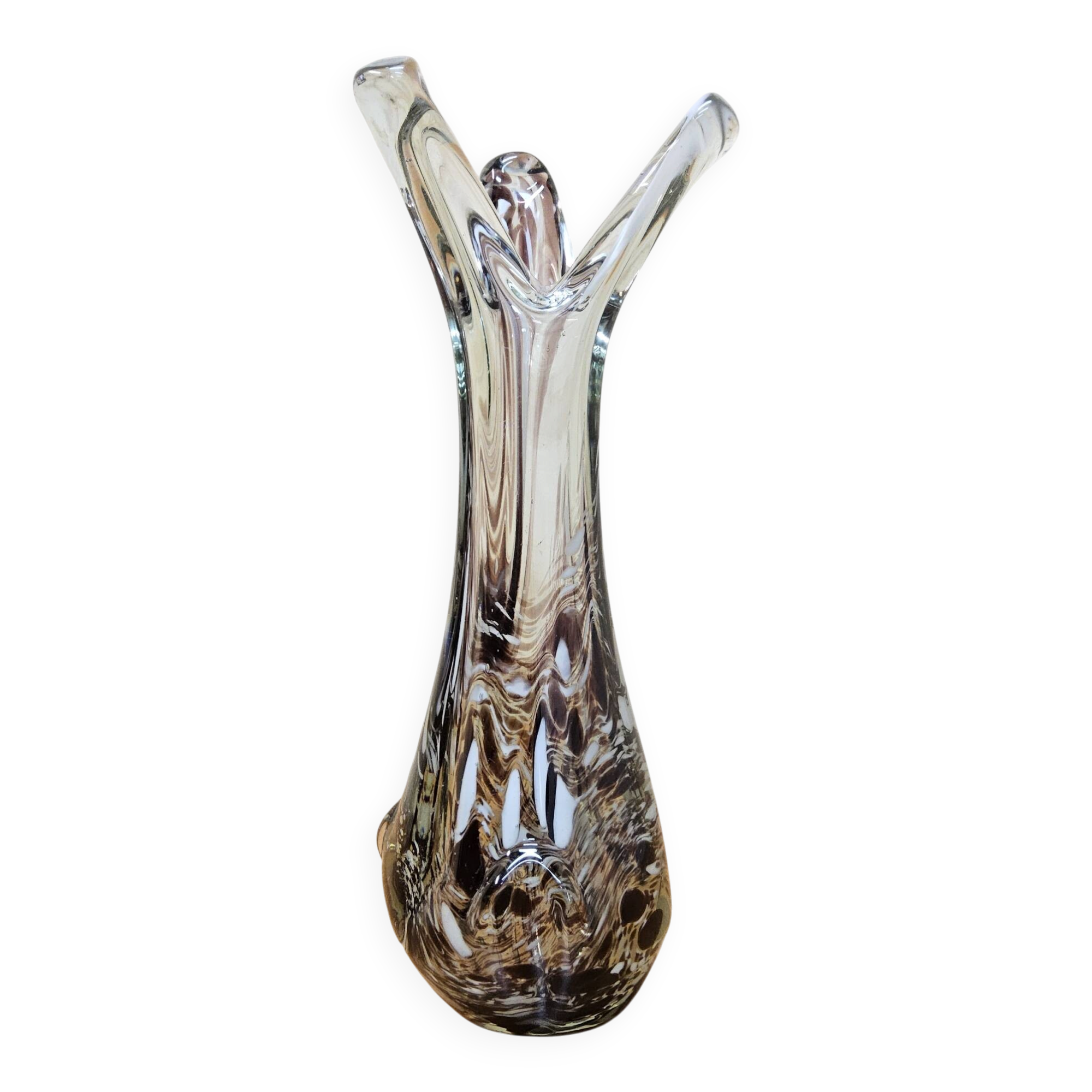 Vintage Murano glass vase, amber/white speckled finger vase