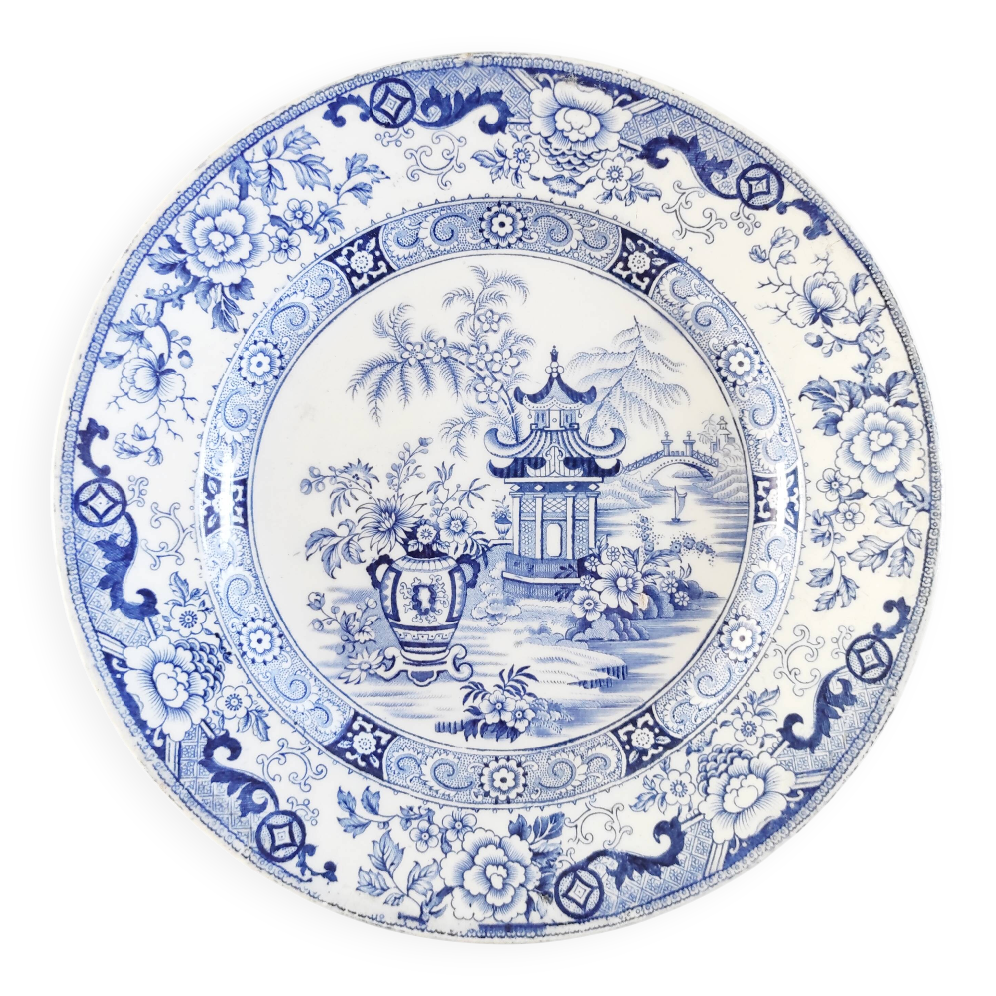 Japanese pagoda plate, Creil and Montereau, 19th century