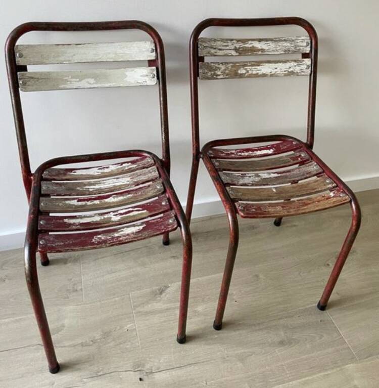Pair of antique Tolix-style wooden and metal bistro chairs