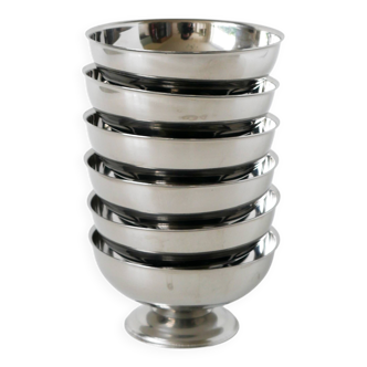 Set of 6 vintage stainless steel ice cream bowls, low feet, Design, 1970, 9 x 4.5 cm