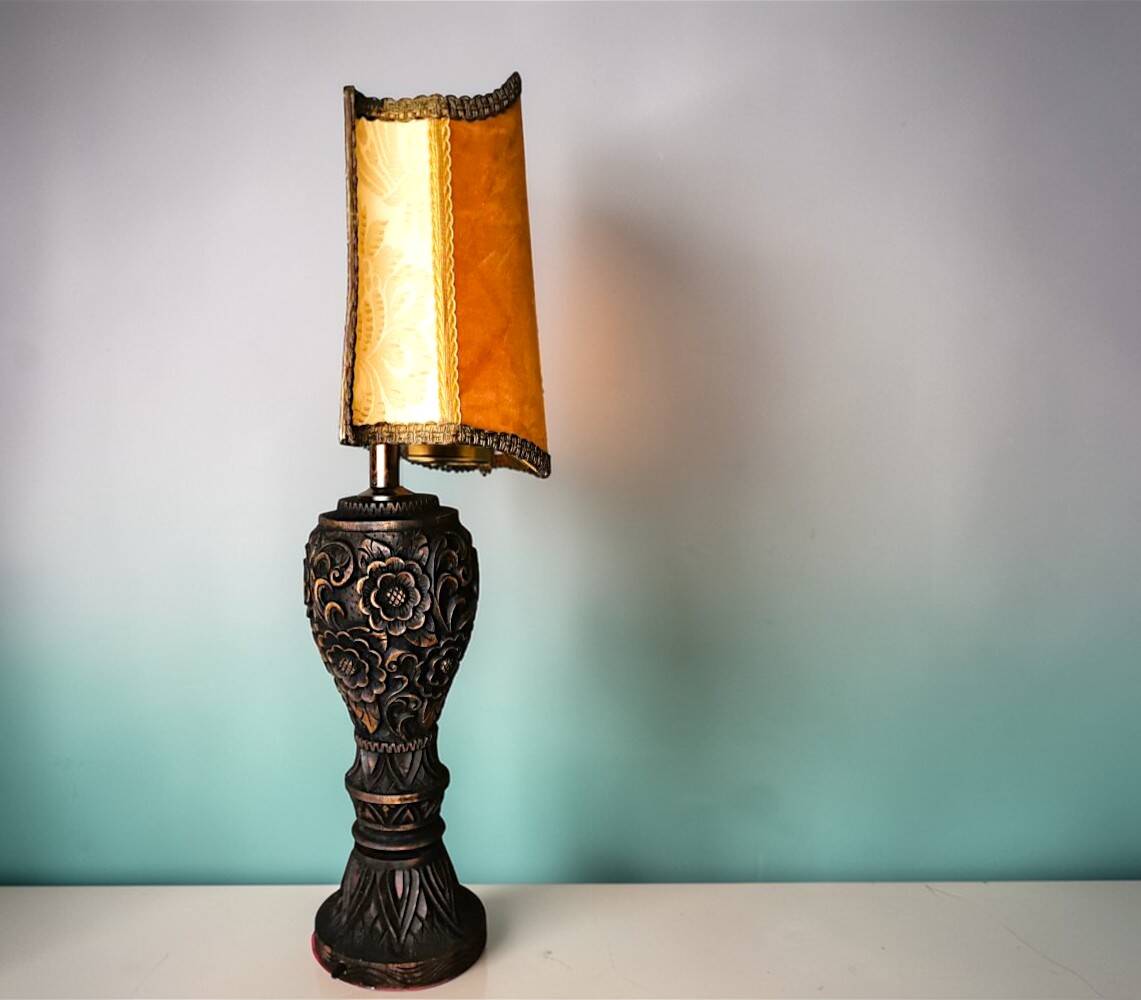 Large Carved Wood Half Shade Table Lamp