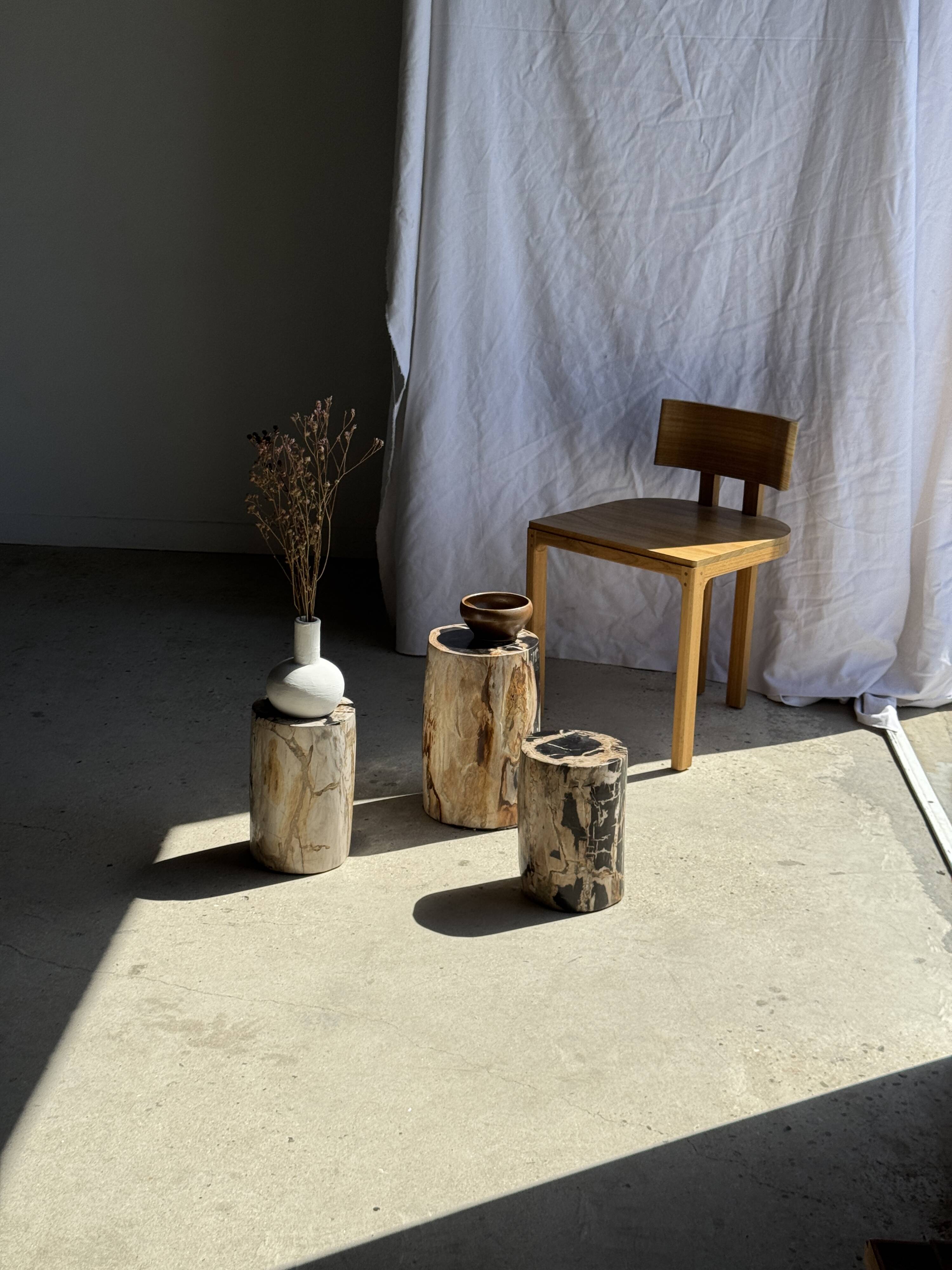 Small white petrified wood side table with black inlay H28 D18 -
