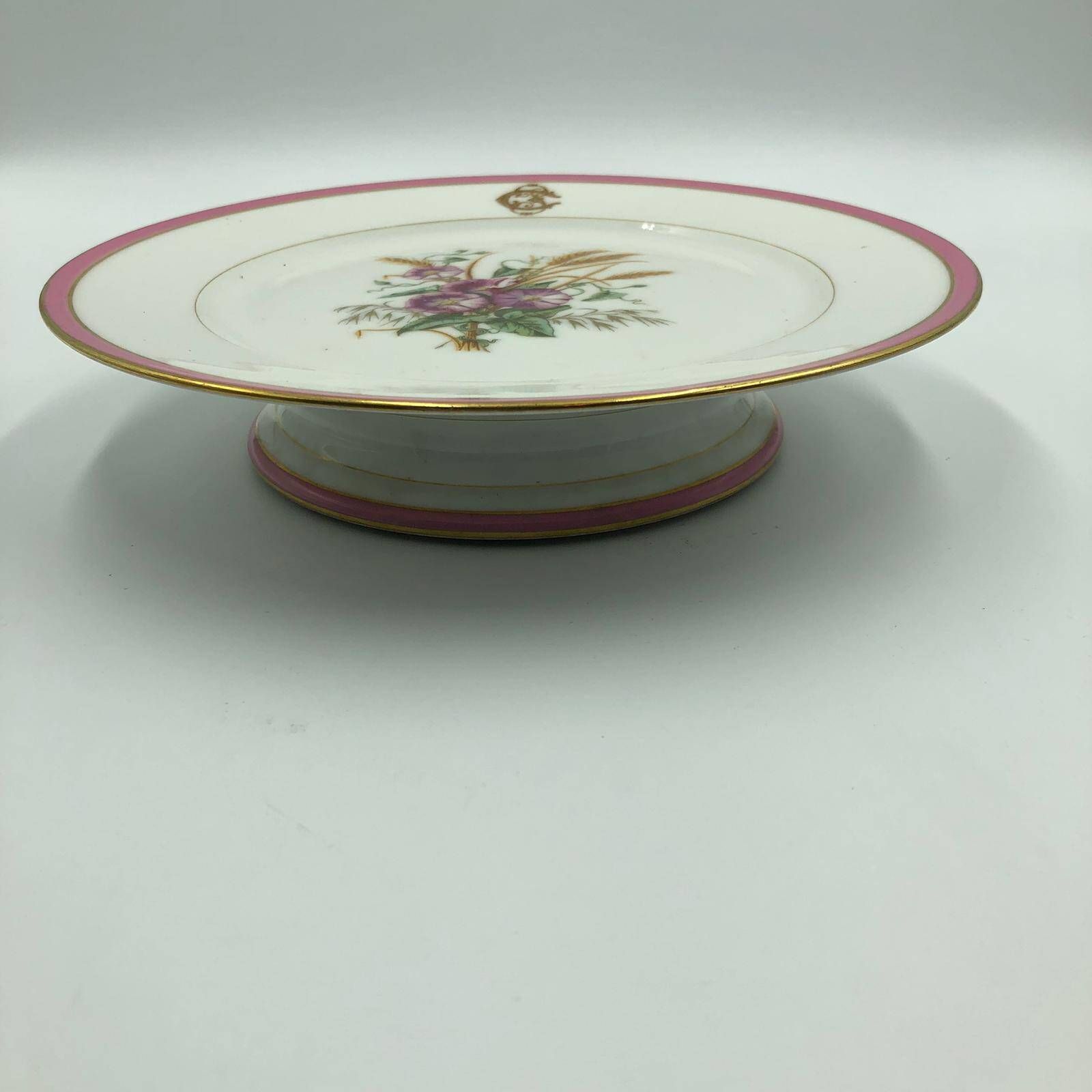 Old cake dish, fruit bowl, porcelain compote bowl decorated with flowers and ears of corn. A. Collin Paris