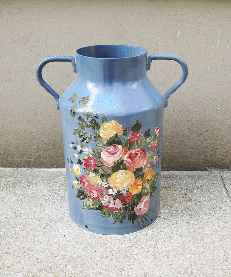 Old broc pot hand painted metal milk can
