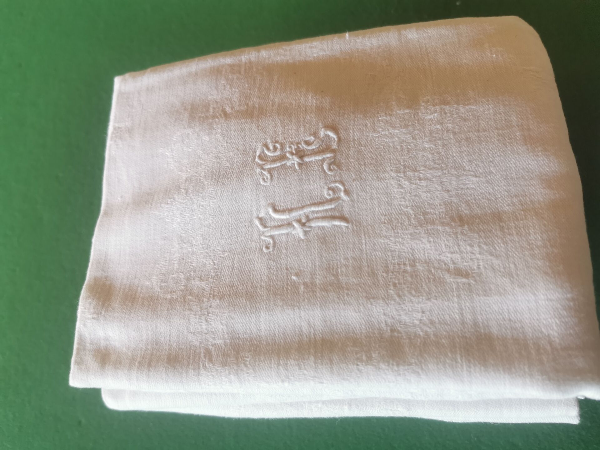 12 old damask linen napkins with monogram, 60x74 cm