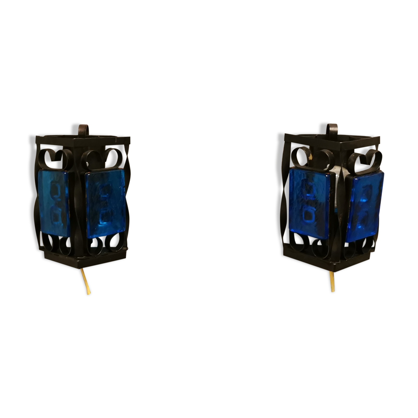 Wall lamps made of black cast iron and handmade thick pressed blue glass