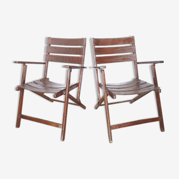 Pair of folding wooden armchairs