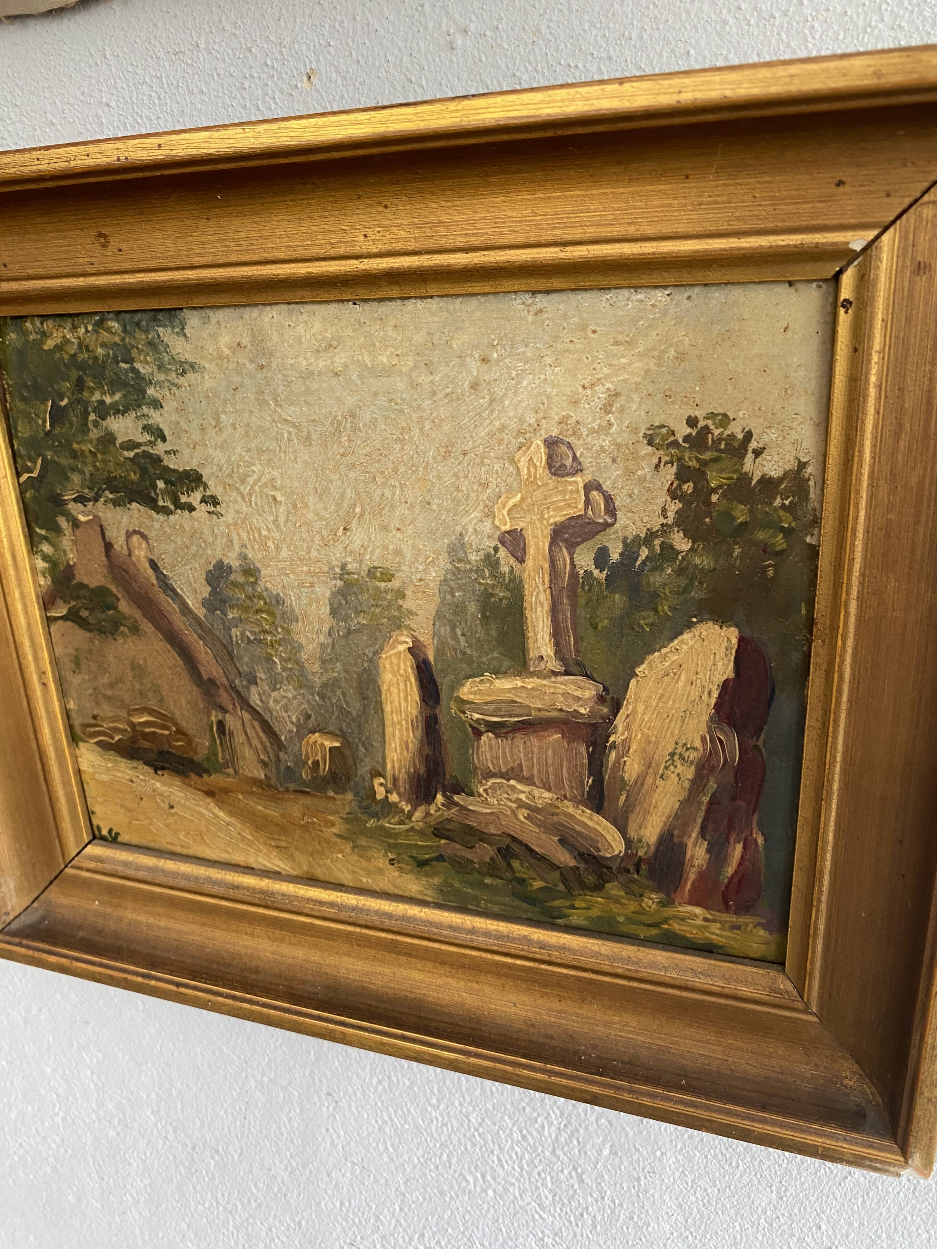 Oil on cardboard 19th century “the cross” wood and plaster frame