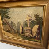 Oil on cardboard 19th century “the cross” wood and plaster frame