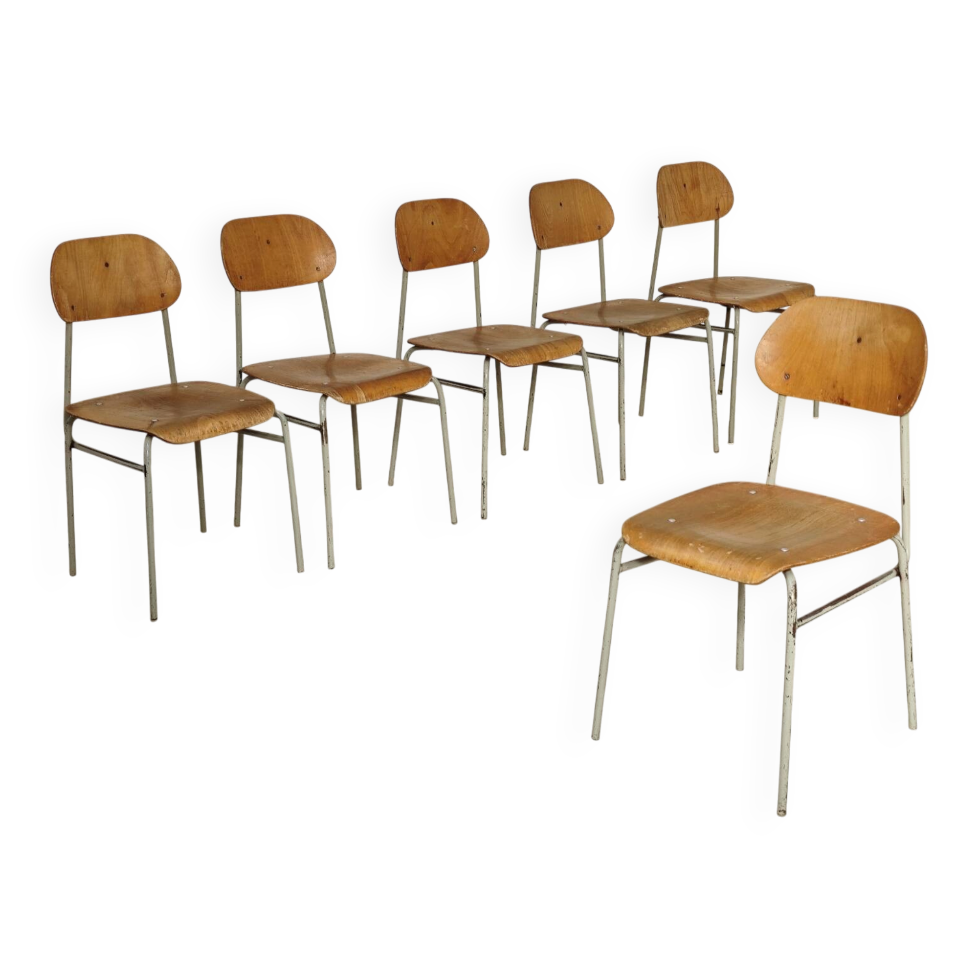 Set of 6 metal and wood school chairs  
Former Czechoslovakia 1960