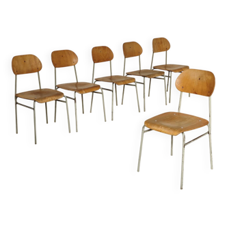 Set of 6 metal and wood school chairs  
Former Czechoslovakia 1960