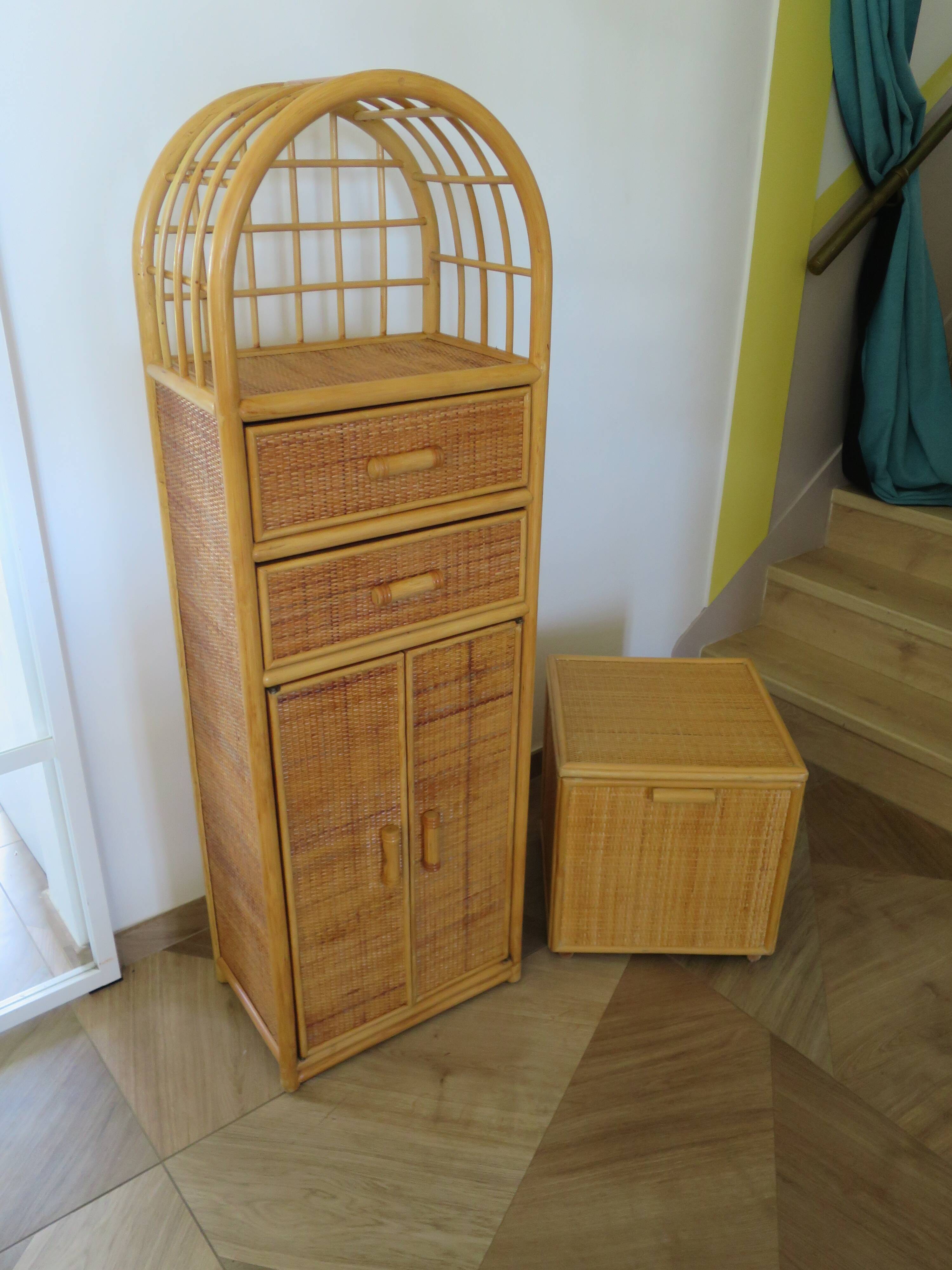 Vintage Library - 2 drawers - Woven rattan cupboard - 1980s - natural