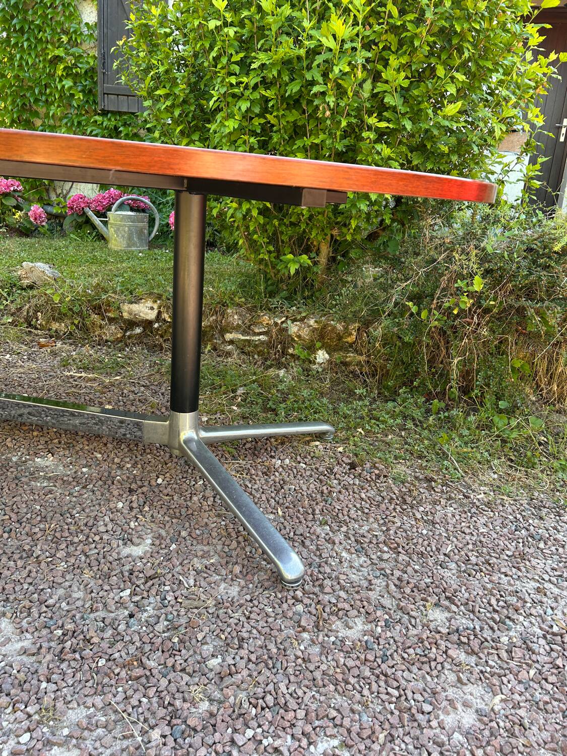 Vintage oval wooden and metal dining table from the 60s and 70s