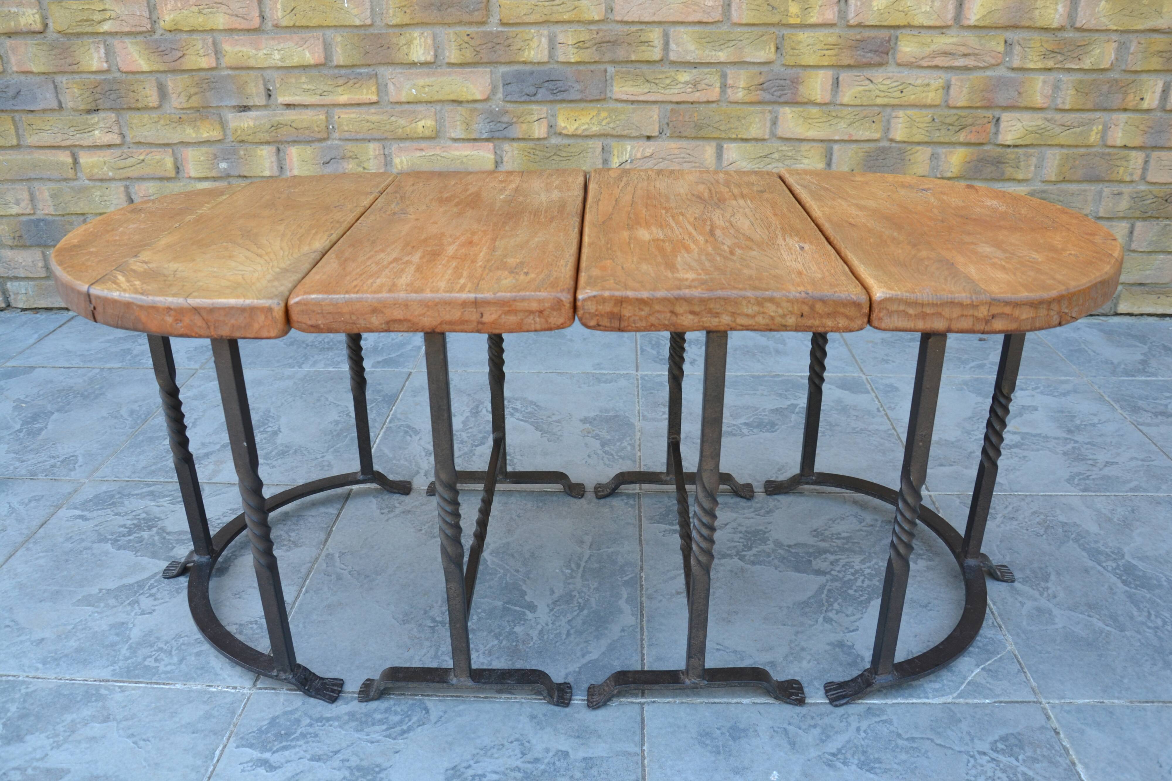 Unusual modular coffee table in oak and wrought iron.