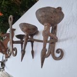 Pair of antique 15th century medieval castle wrought iron candlesticks