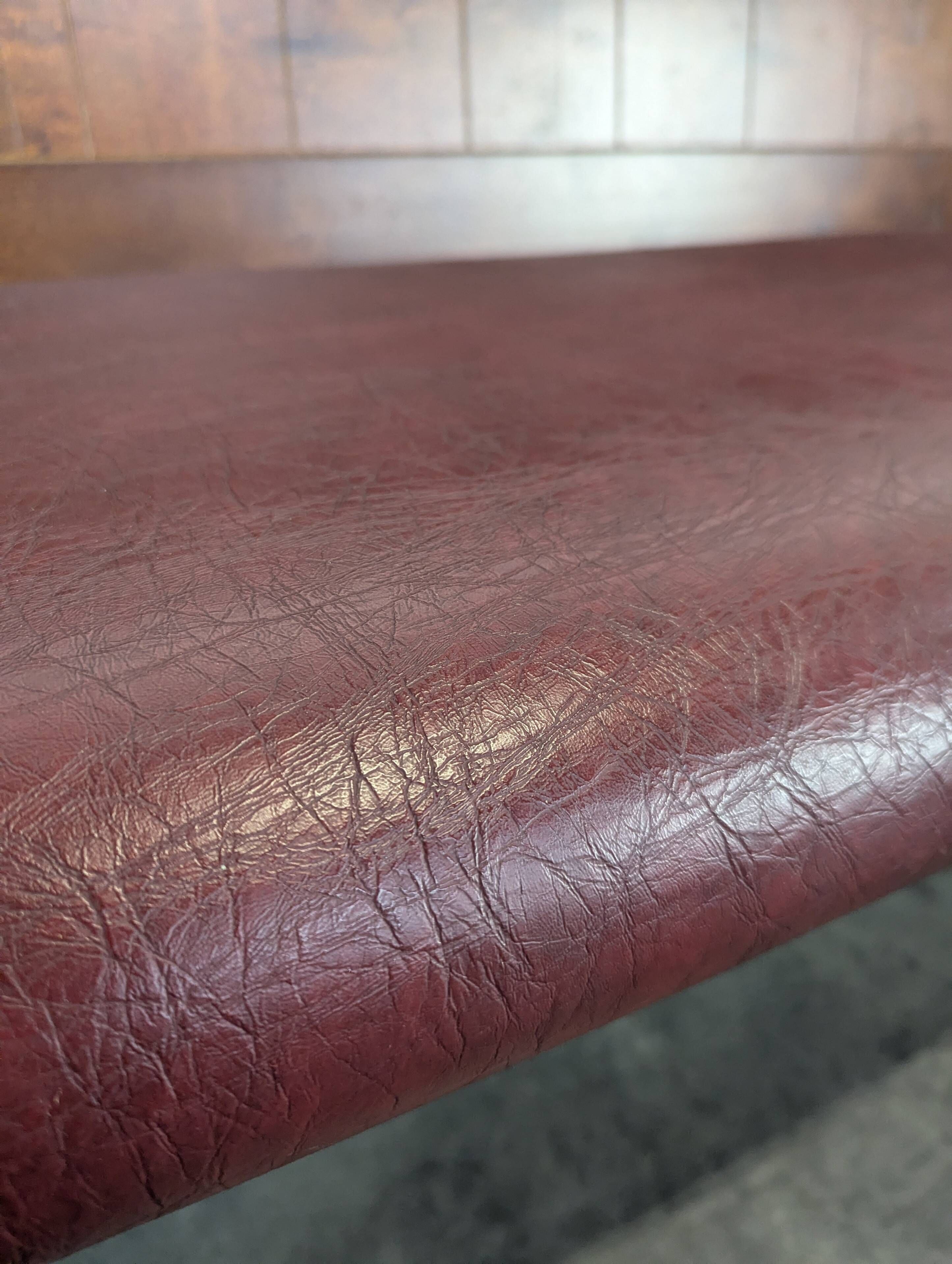 Art Deco brasserie bench in oak and bordeaux leatherette seat 220 cm