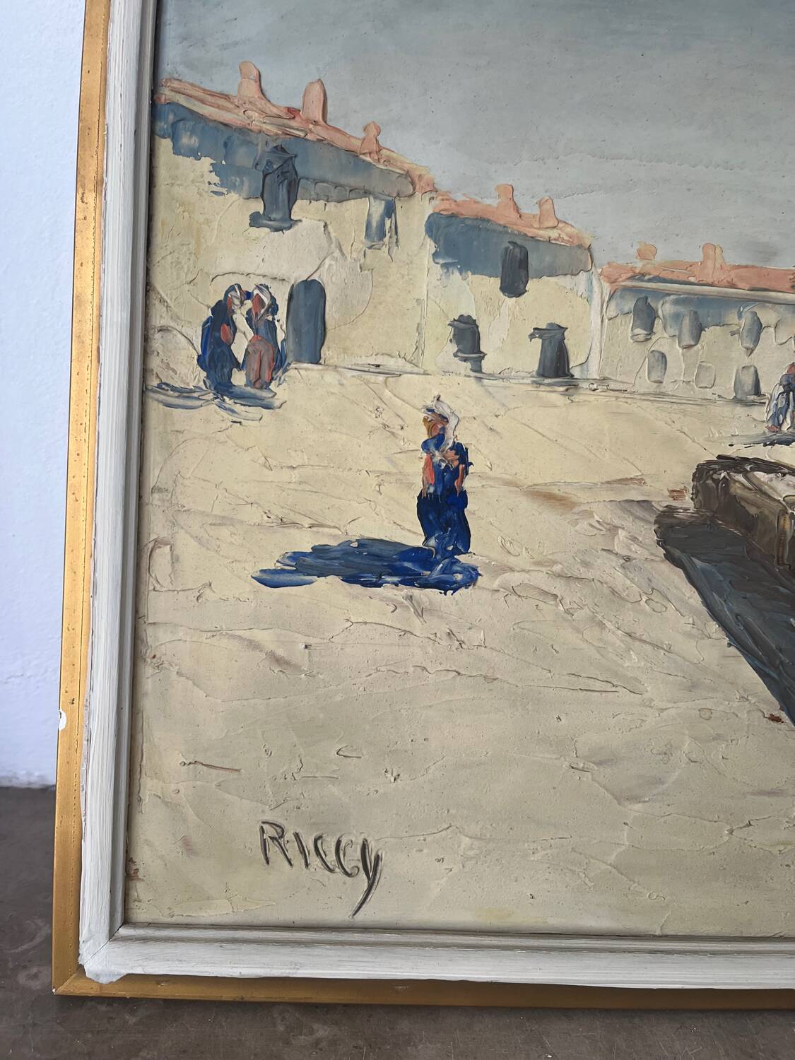 Marine, "Red Sail" technique with knife on panel signed Riccy.