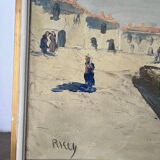 Marine, "Red Sail" technique with knife on panel signed Riccy.