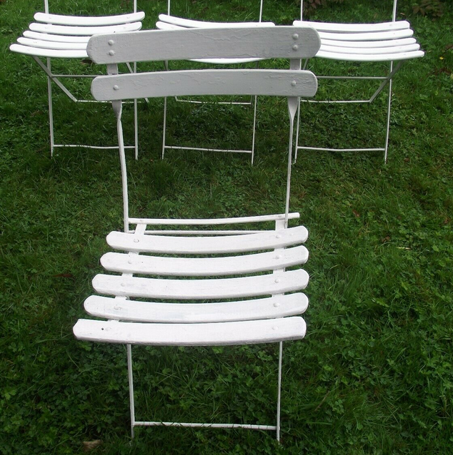 Series of 6 folding garden chairs in iron and old wooden slats
