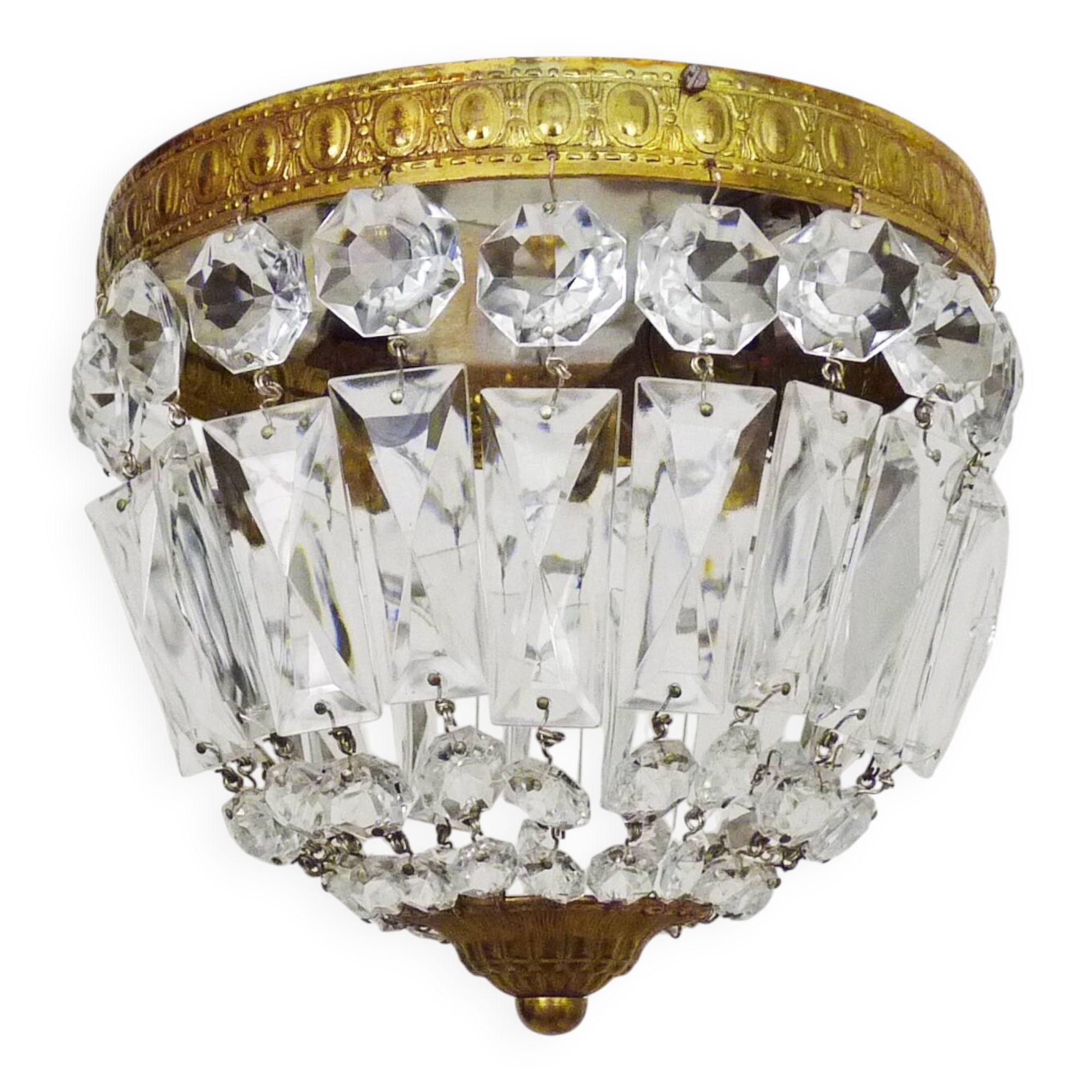 Old crown ceiling light with 2 bulbs, half basket with glass pendants.