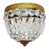 Old crown ceiling light with 2 bulbs, half basket with glass pendants.