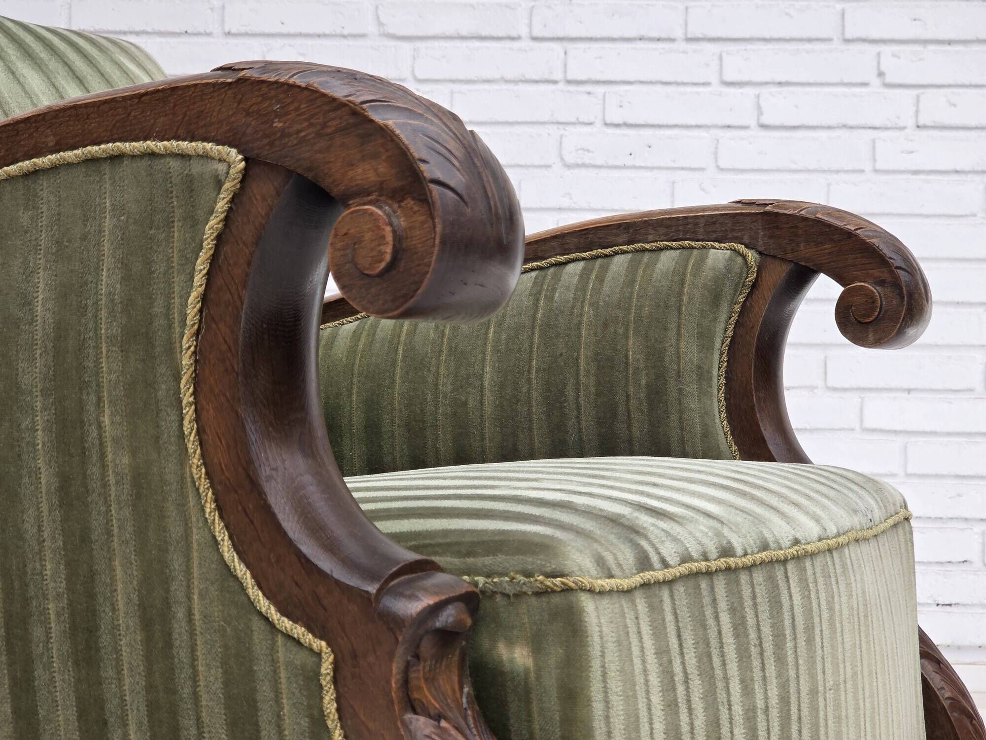 1950s, Danish relax armchair, green furniture velour, carved oak wood.
