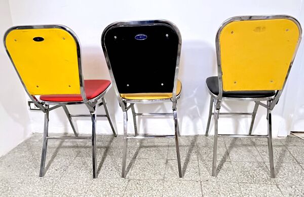 3 chaises pliantes chrome & faux cuir , Elio Zema, Italie 1980's