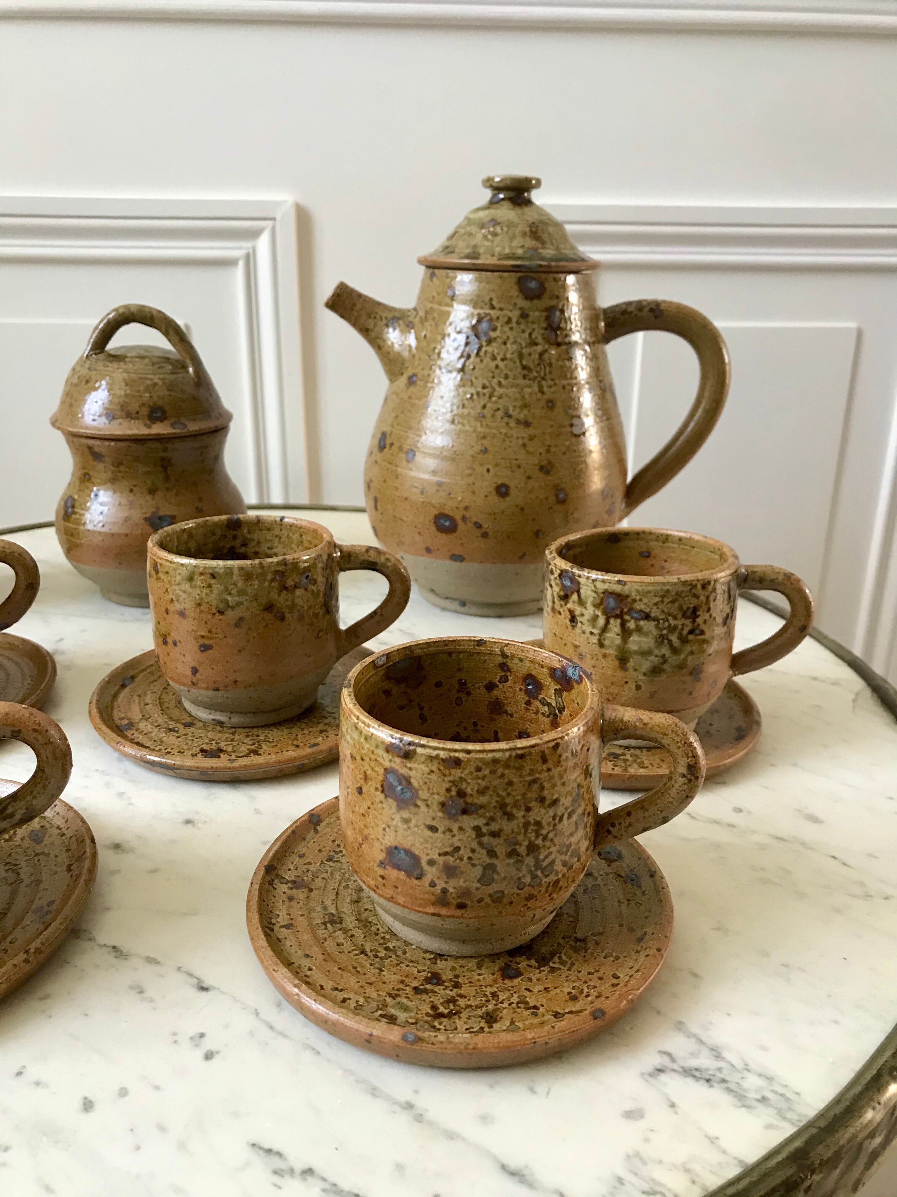 coffee service 6 cups and saucers, teapot and sugar bowl in ceramic / pottery / stoneware years 50-6