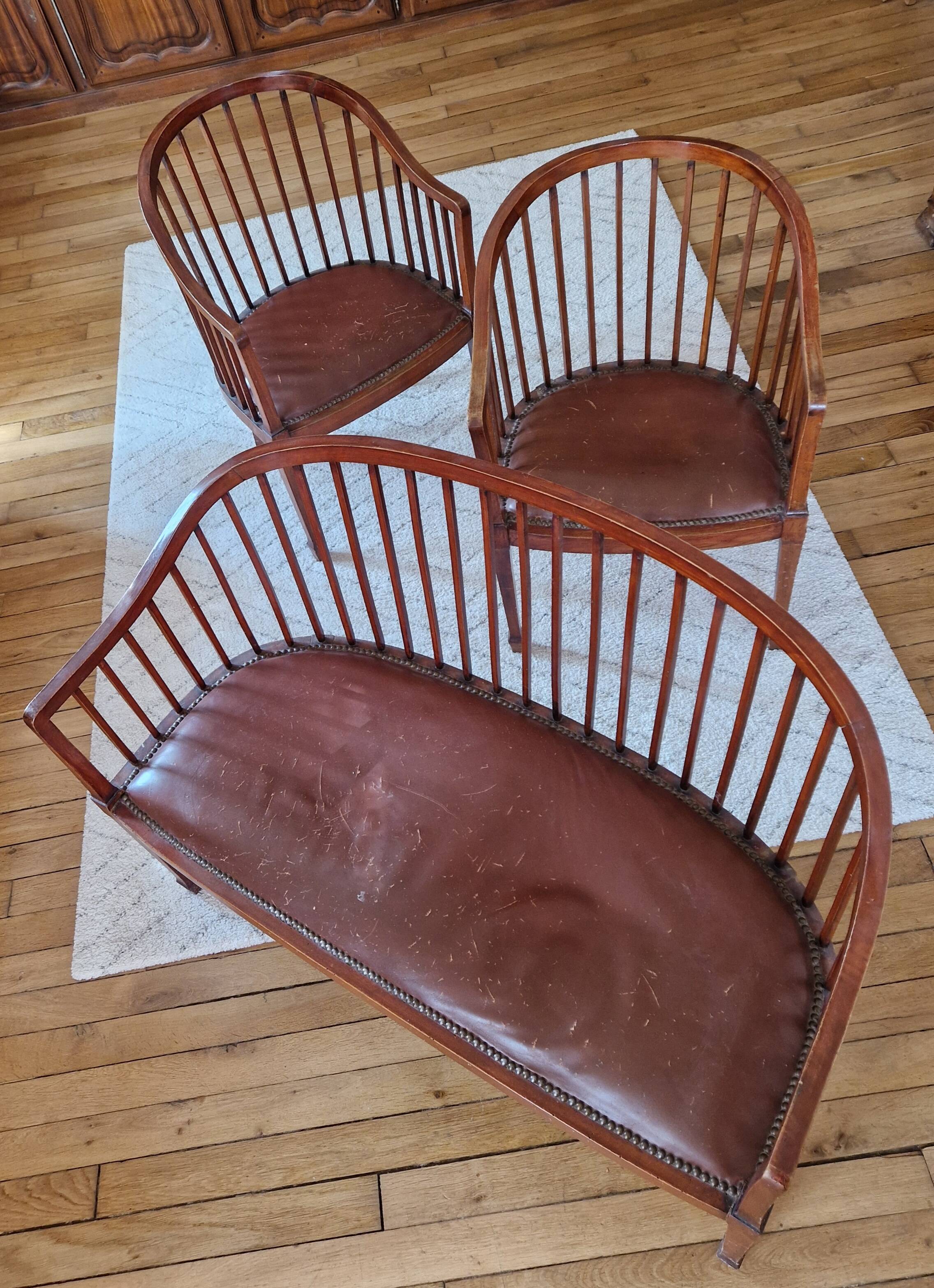Small Art Deco bench and armchairs in beech, 1930s