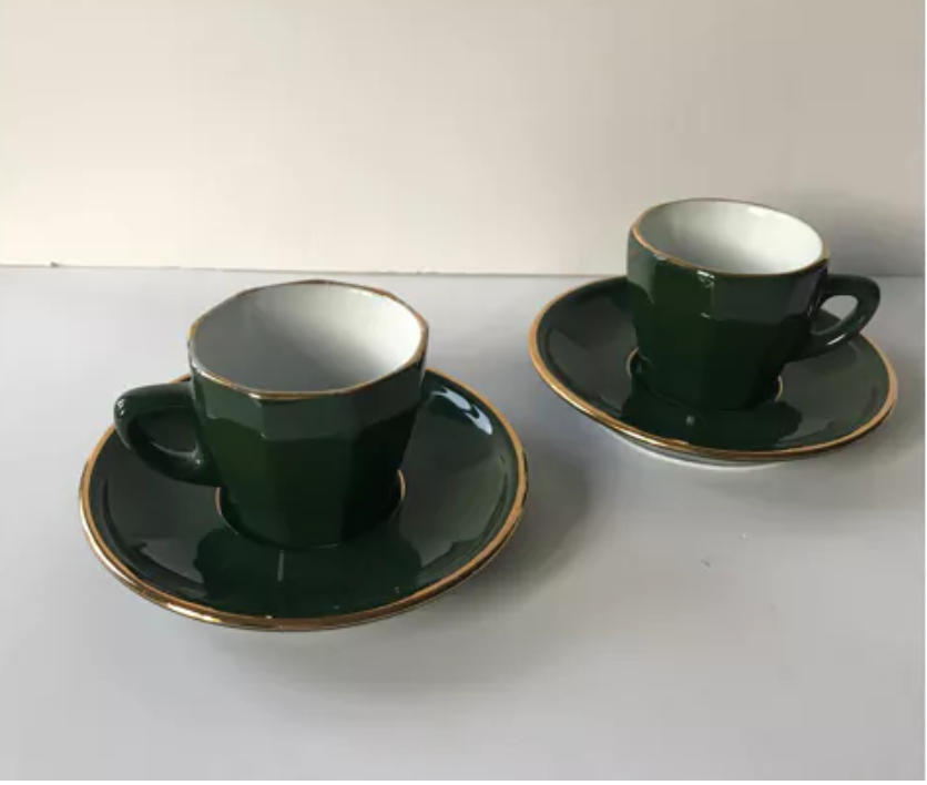 Pair of green apilco coffee cups