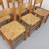 Suite of 6 vintage brutalist chairs in solid oak wood and straw from the 60s