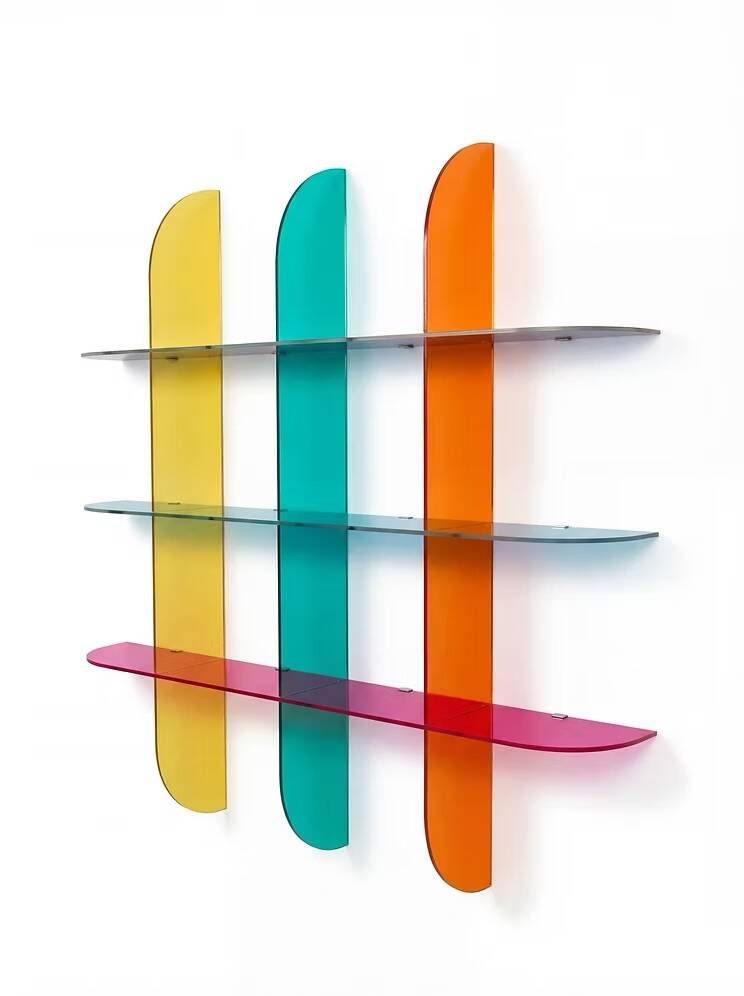 Multicoloured designer wall shelf in PMMA (plexiglass) 15 mm – 200×200×28 cm