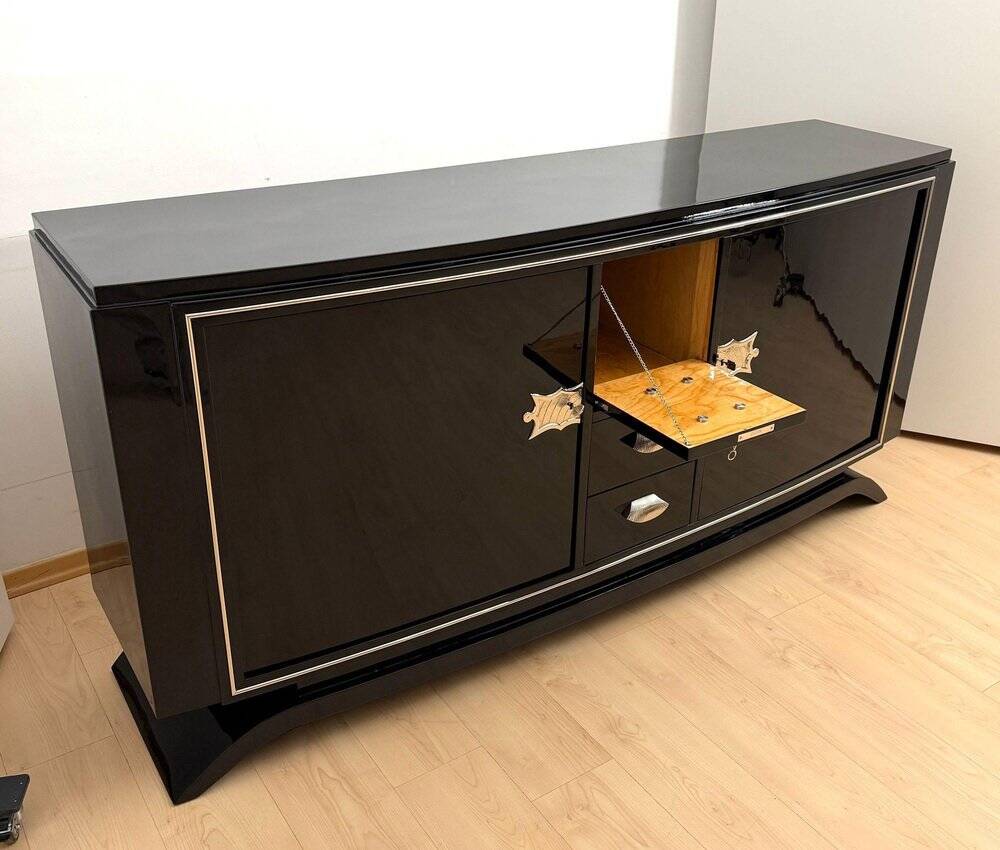Art Deco Sideboard in Black Lacquer, Maple & Chrome, France, 1930