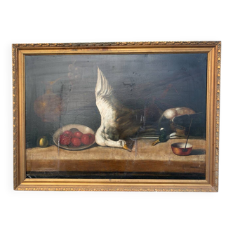 Large Oil On Canvas Still Life With Duck French School 19th Century