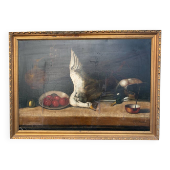 Grande Huile Sur Toile Nature Morte Au Canard Ecole Francaise XIXeme