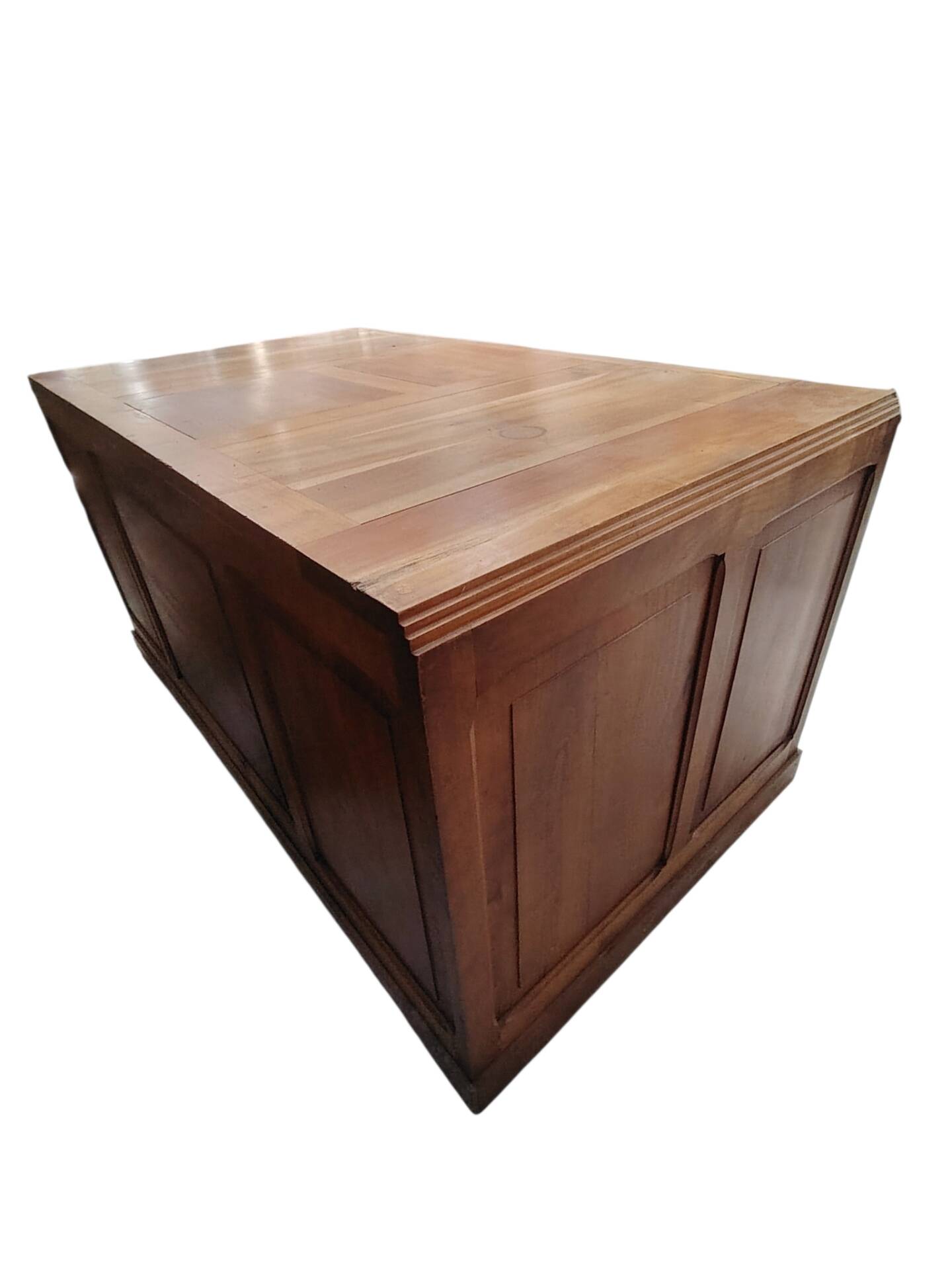 Large modernist minister's desk in solid lemon wood with 7 drawers.