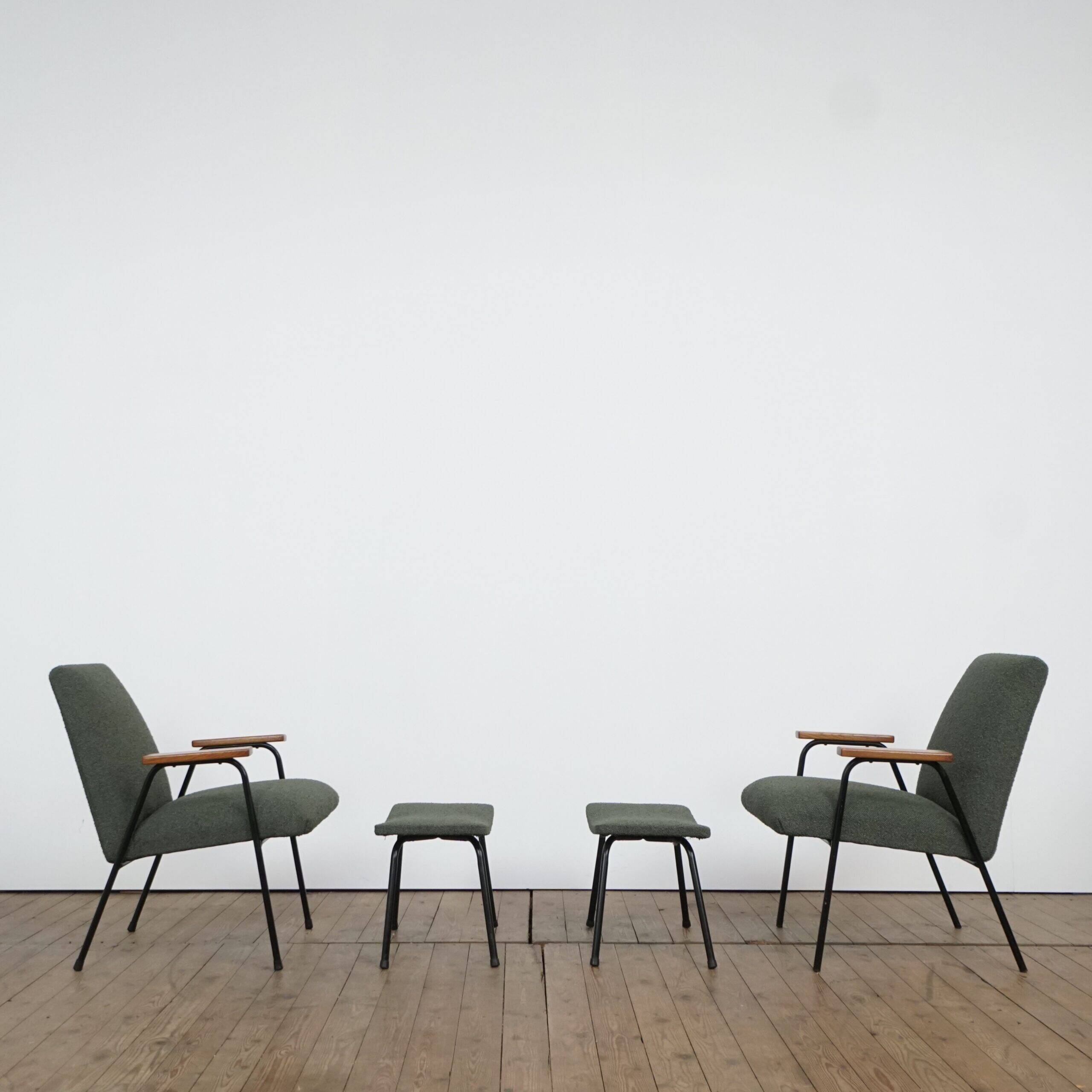 Two sets of lounge chairs with ottoman by Pierre Guariche for Meurop