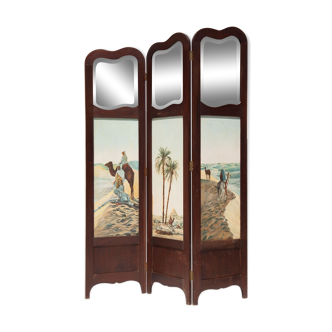 Vintage 3-panel wooden screen with beveled mirror and painting 1930