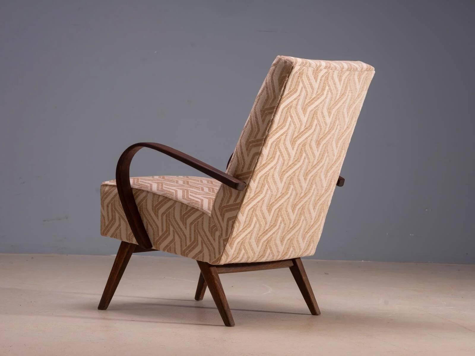 Restored bentwood armchairs by Jaroslav Šmídek, pair, Czechoslovakia, new beige patterned upholstery, 61 × 82 × 81 cm