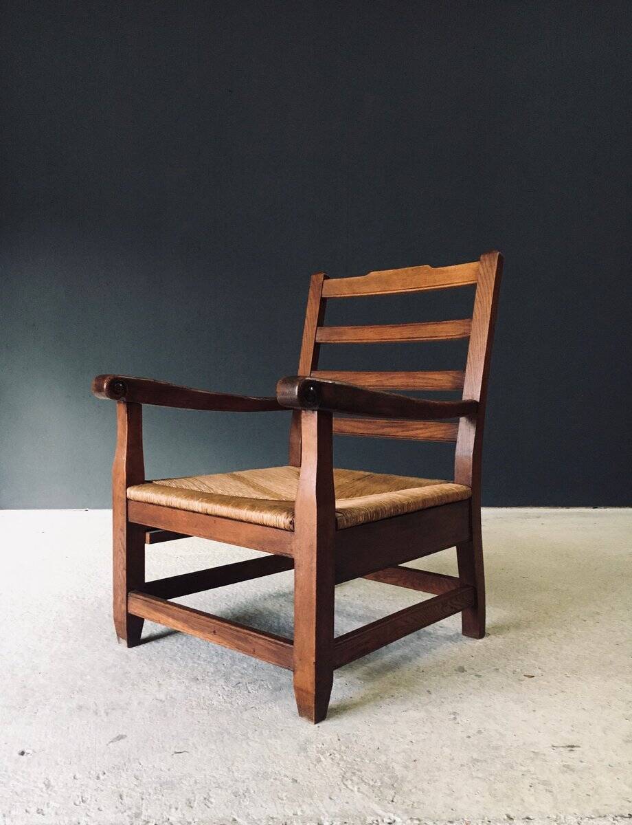 Rustic Oak & Rush Armchair, France, 1930s