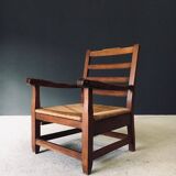 Rustic Oak & Rush Armchair, France, 1930s