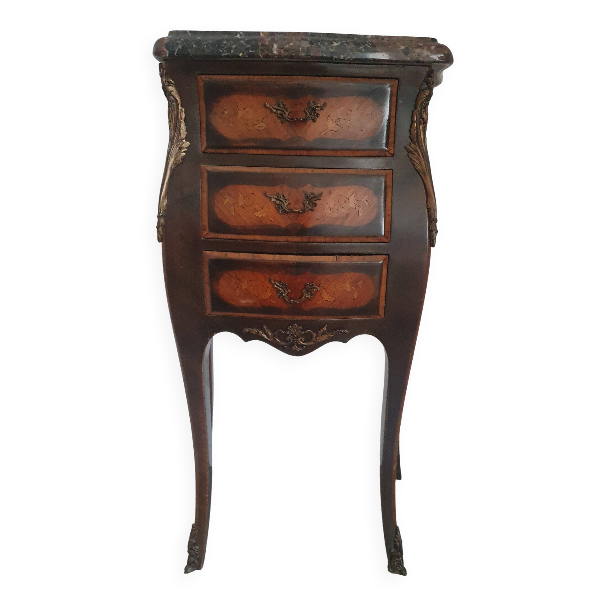 Antique marquetry bedside table, marble top