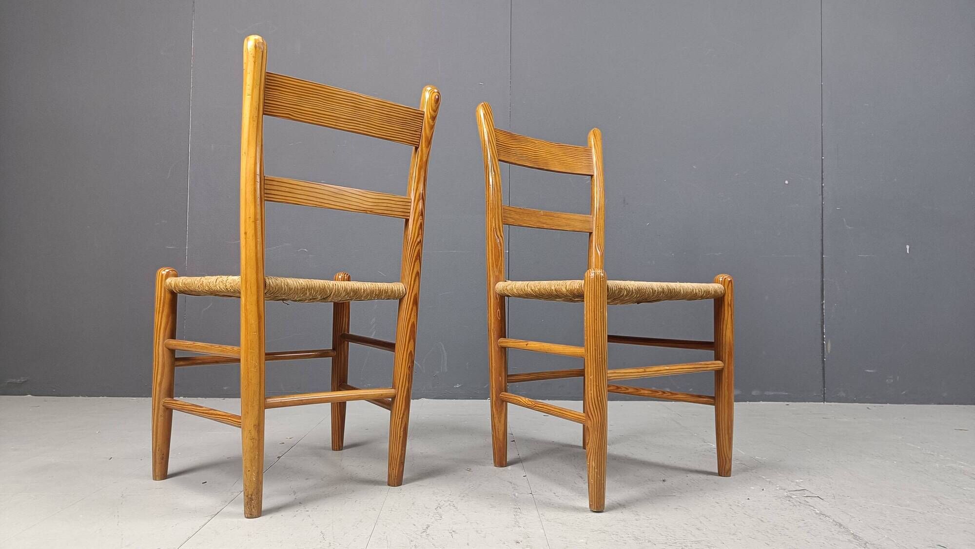 Mid-century oak and wicker dining chairs, set of 4 - 1970s