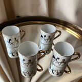 Lot of 4 vintage porcelain espresso cups from France with gold horse decoration – s