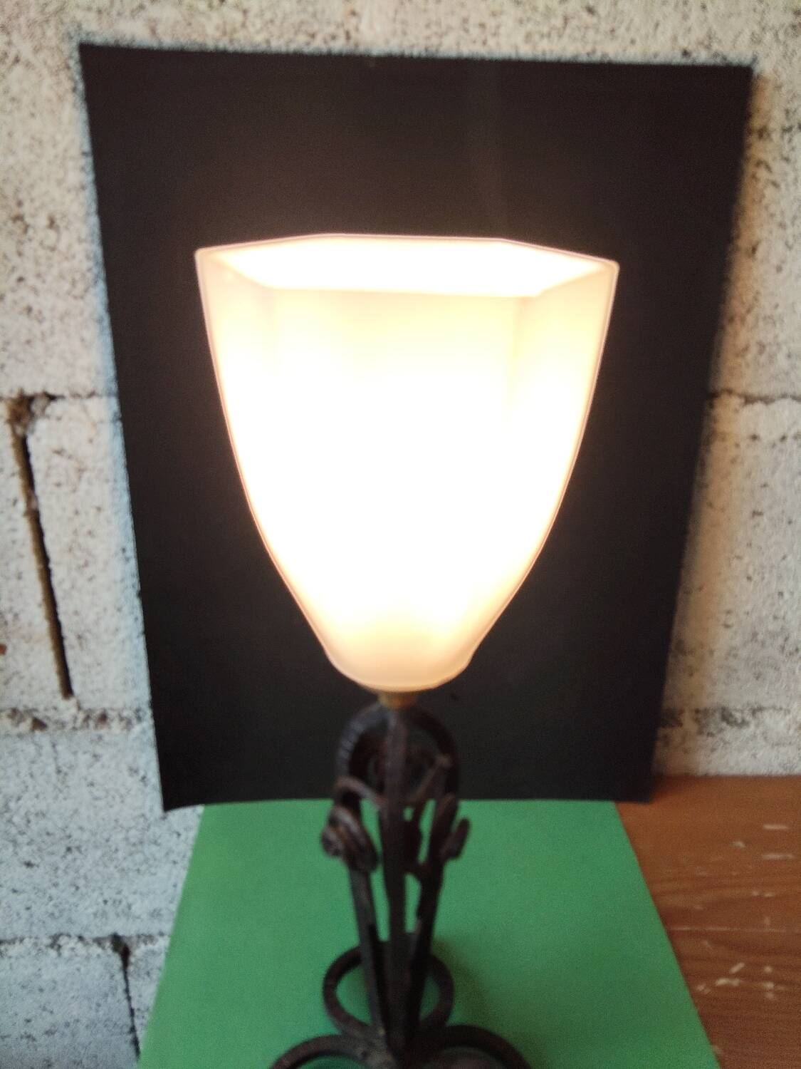 Hammered wrought iron lamp with white opaline Handmade craftsmanship