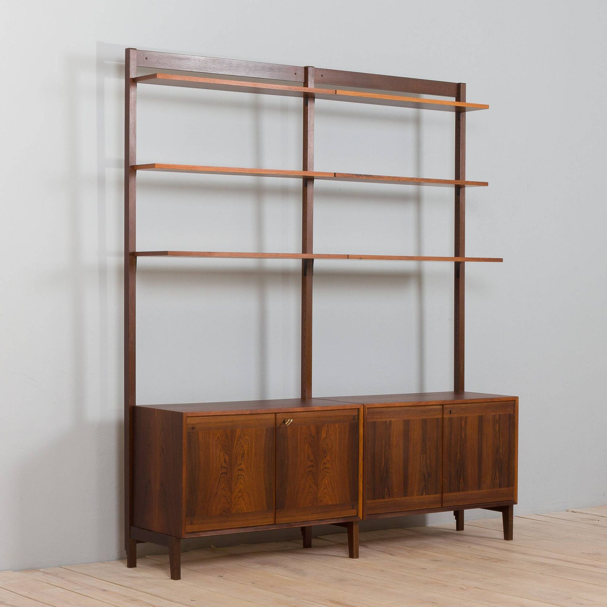 Scandinavian two bay rosewood free-standing wall unit